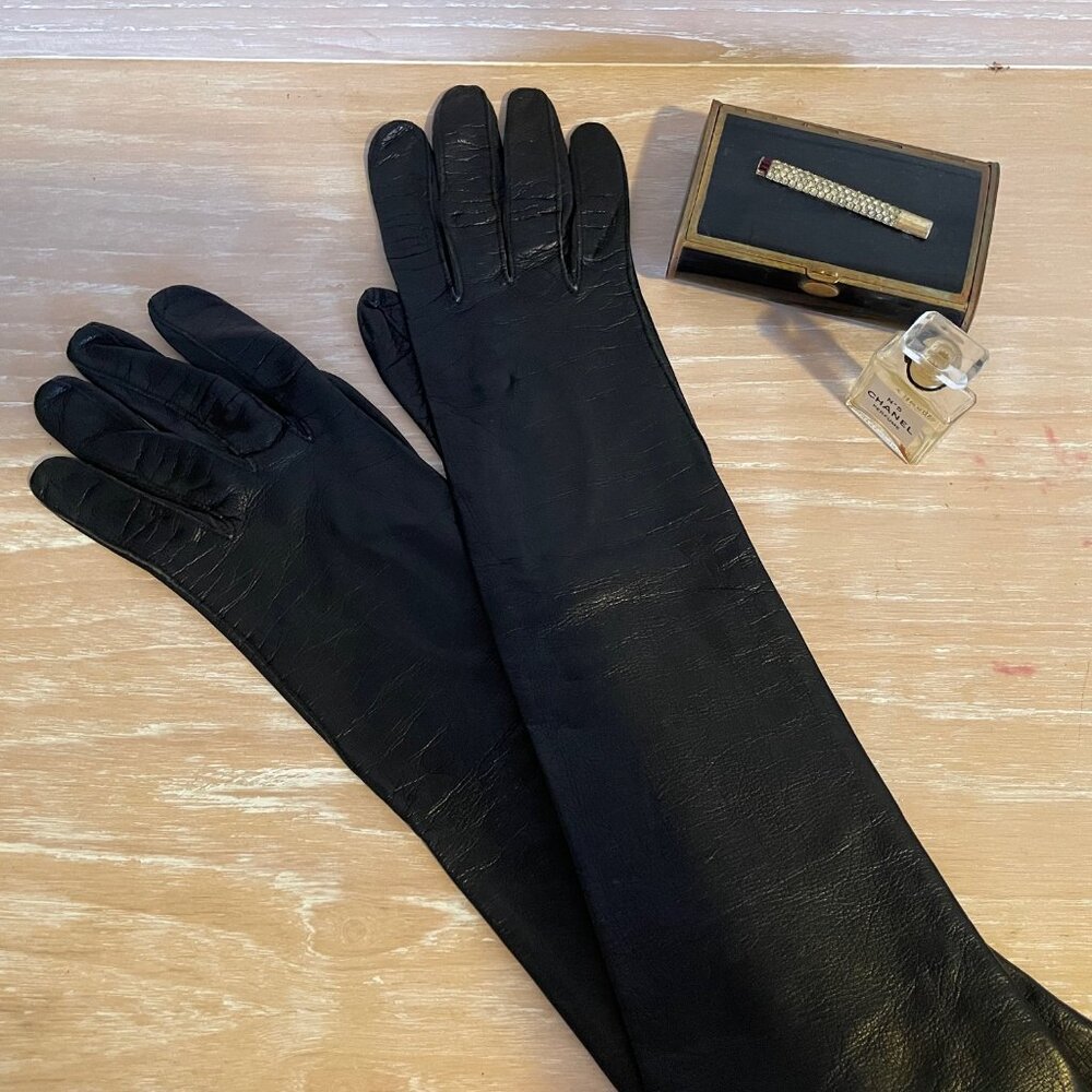 KISLAV Vintage French Genuine Kid Leather Elbow Length Gloves in Black